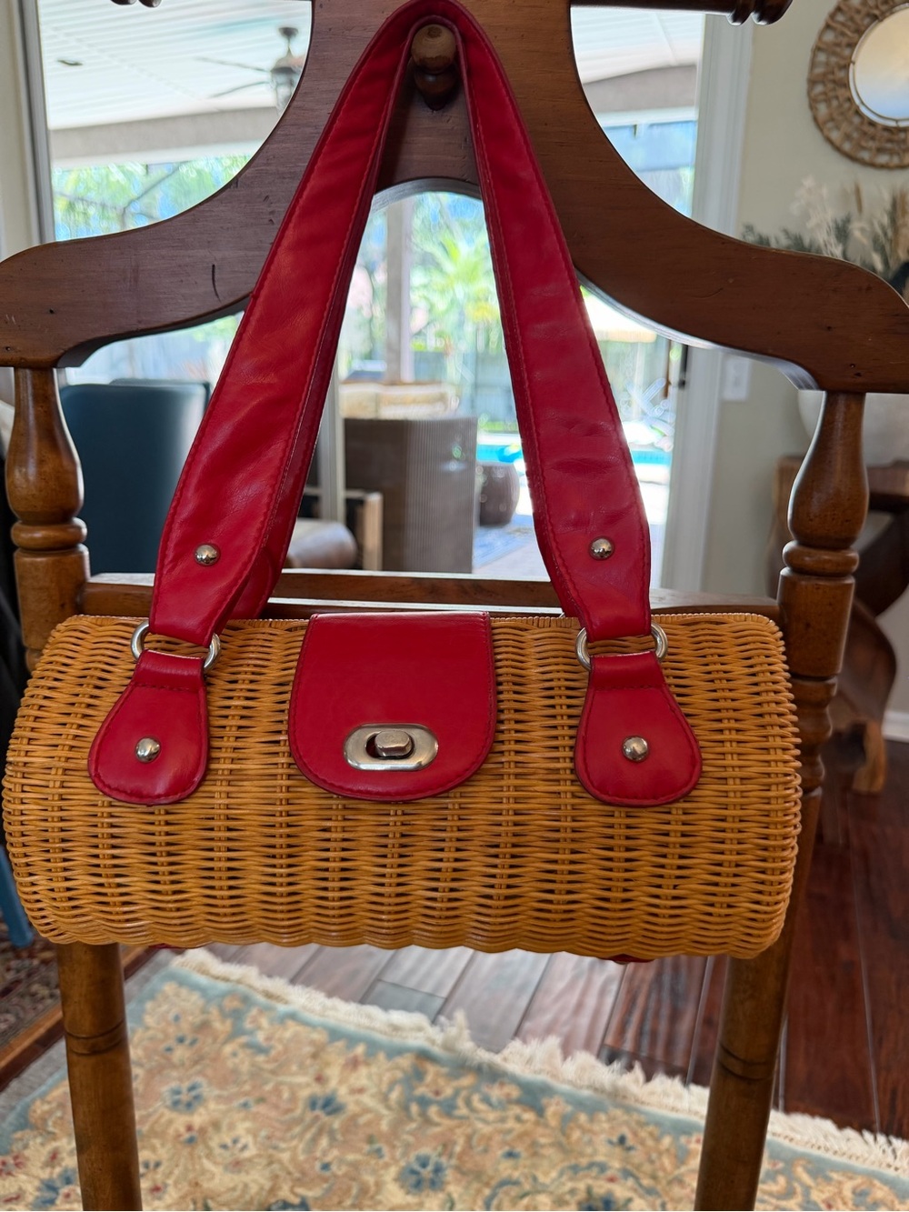 Vintage Wicker Handbag Red Leather Trim Basket Purse Summer Resort Bag - Picture 1 of 4